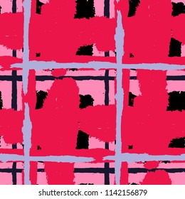 Plaid. Seamless Grunge Background with Hand Painted Crossing Brush Strokes for Swimwear, Fabric, Textile. Rustic Check Texture. Vector Seamless Plaid. Scottish 
Ornament