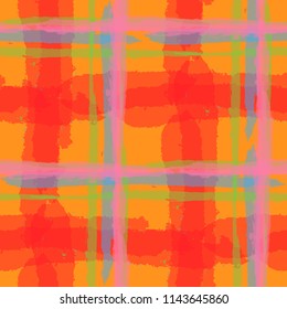 Plaid. Seamless Grunge Background with Hand Painted Crossing Stripes for Swimwear, Upholstery, Textile. Rustic Check Texture. Vector Seamless Plaid Texture.