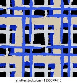 Plaid. Seamless Grunge Background with Hand Painted Crossing Brush Strokes for Swimwear, Upholstery, Textile. Rustic Check Texture. Vector Seamless Kilt Texture. Scottish Ornament