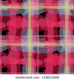 Plaid. Seamless Grunge Background with Hand Painted Crossing Brush Strokes for Swimwear, Upholstery, Textile. Rustic Check Texture. Vector Seamless Kilt Texture.