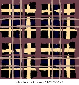 Plaid. Seamless Grunge Background with Hand Painted Crossing Stripes for Print, Linen, Cloth. Rustic Check Texture. Vector Seamless Kilt Texture.