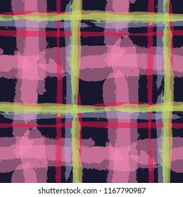 Plaid. Seamless Grunge Background with Hand Painted Crossing Brush Strokes for Print, Upholstery, Cloth. Rustic Check Texture. Vector Seamless Tartan. Scottish Ornament