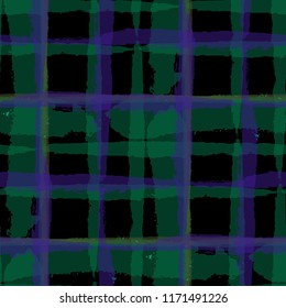 Plaid. Seamless Grunge Background with Hand Painted Crossing Lines for Swimwear, Fabric, Textile. Rustic Check Texture. Vector Seamless Tartan.