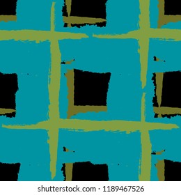 Plaid. Seamless Grunge Background with Hand Painted Crossing Stripes for Wallpaper, Linen, Sportswear. Rustic Check Texture. Vector Seamless Tartan. Scottish Ornament
