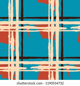 Plaid. Seamless Grunge Background with Hand Painted Crossing Lines for Print, Upholstery, Cloth. Rustic Check Texture. Vector Seamless Plaid Texture.