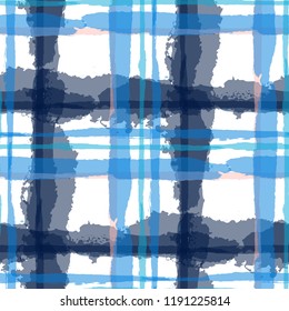 Plaid. Seamless Grunge Background with Hand Painted Crossing Brush Strokes for Swimwear, Fabric, Textile. Rustic Check Texture. Vector Seamless Kilt Texture.