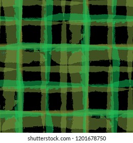 Plaid. Seamless Grunge Background with Hand Painted Crossing Brush Strokes for Wallpaper, Linen, Sportswear. Rustic Check Texture. Vector Seamless Plaid. Scottish Ornament