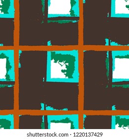 Plaid. Seamless Grunge Background with Hand Painted Crossing Stripes for Wallpaper, Linen, Cloth. Rustic Check Texture. Vector Seamless Tartan. Scottish Ornament