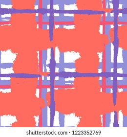 Plaid. Seamless Grunge Background with Hand Painted Crossing Lines for Wallpaper, Linen, Cloth. Rustic Check Texture. Vector Seamless Kilt Texture.