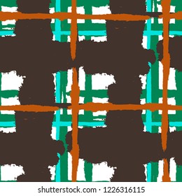 Plaid. Seamless Grunge Background with Hand Painted Crossing Lines for Swimwear, Fabric, Textile. Rustic Check Texture. Vector Seamless Tartan. Scottish Ornament