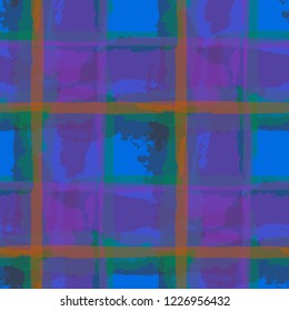 Plaid. Seamless Grunge Background with Hand Painted Crossing Stripes for Swimwear, Upholstery, Textile. Rustic Check Texture. Vector Seamless Plaid. Scottish Ornament