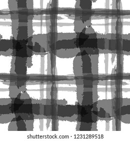 Plaid. Seamless Grunge Background with Hand Painted Crossing Stripes for Print, Upholstery, Textile. Rustic Check Texture. Vector Seamless Plaid. Scottish Ornament