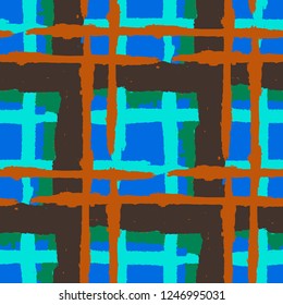 Plaid. Seamless Grunge Background with Hand Painted Crossing Stripes for Wrapping Paper, Linen, Sportswear. Rustic Check Texture. Vector Seamless Tartan. Scottish Ornament