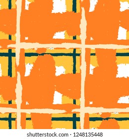 Plaid. Seamless Grunge Background with Hand Painted Crossing Stripes for Wrapping Paper, Linen, Sportswear. Rustic Check Texture. Vector Seamless Kilt Texture. Scottish Ornament