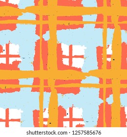 Plaid. Seamless Grunge Background with Hand Painted Crossing Brush Strokes for Wallpaper, Linen, Cloth. Rustic Check Texture. Vector Seamless Plaid. Scottish Ornament