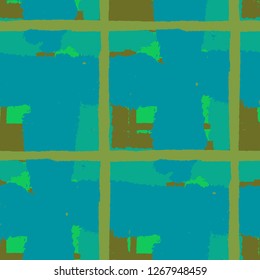Plaid. Seamless Grunge Background with Hand Painted Crossing Brush Strokes for Swimwear, Upholstery, Textile. Rustic Check Texture. Vector Seamless Kilt Texture. Scottish Ornament
