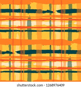 Plaid. Seamless Grunge Background with Hand Painted Crossing Brush Strokes for Print, Linen, Cloth. Rustic Check Texture. Vector Seamless Tartan. Scottish Ornament