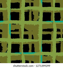 Plaid. Seamless Grunge Background with Hand Painted Crossing Brush Strokes for Print, Upholstery, Cloth. Rustic Check Texture. Vector Seamless Kilt Texture.