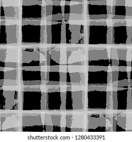 Plaid. Seamless Grunge Background with Hand Painted Crossing Stripes for Swimwear, Upholstery, Textile. Rustic Check Texture. Vector Seamless Plaid. Scottish Ornament