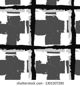 Plaid. Seamless Grunge Background with Hand Painted Crossing Stripes for Print, Upholstery, Cloth. Rustic Check Texture. Vector Seamless Plaid Texture.