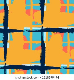 Plaid. Seamless Grunge Background with Hand Painted Crossing Stripes for Wrapping Paper, Linen, Sportswear. Rustic Check Texture. Vector Seamless Tartan. Scottish Ornament
