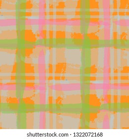 Plaid. Seamless Grunge Background with Hand Painted Crossing Stripes for Print, Upholstery, Cloth. Rustic Check Texture. Vector Seamless Tartan. Scottish Ornament