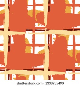 Plaid. Seamless Grunge Background with Hand Painted Crossing Lines for Wrapping Paper, Linen, Sportswear. Rustic Check Texture. Vector Seamless Tartan. Scottish Ornament