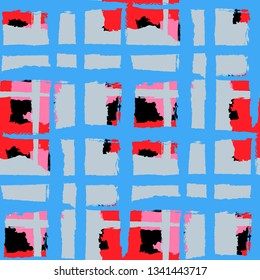 Plaid. Seamless Grunge Background with Hand Painted Crossing Lines for Print, Upholstery, Textile. Rustic Check Texture. Vector Seamless Tartan. Scottish Ornament