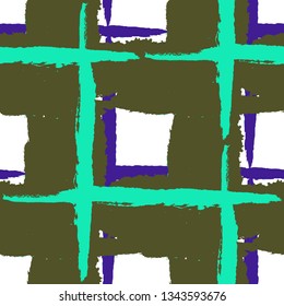 Plaid. Seamless Grunge Background with Hand Painted Crossing Stripes for Print, Linen, Cloth. Rustic Check Texture. Vector Seamless Tartan. Scottish Ornament