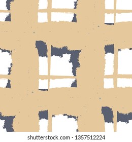 Plaid. Seamless Grunge Background with Hand Painted Crossing Lines for Print, Upholstery, Textile. Rustic Check Texture. Vector Seamless Plaid. Scottish Ornament