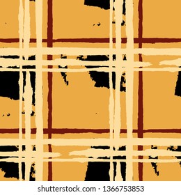 Plaid. Seamless Grunge Background with Hand Painted Crossing Stripes for Swimwear, Upholstery, Textile. Rustic Check Texture. Vector Seamless Tartan.
