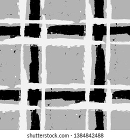 Plaid. Seamless Grunge Background with Hand Painted Crossing Brush Strokes for Wrapping Paper, Linen, Sportswear. Rustic Check Texture. Vector Seamless Tartan.