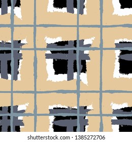 Plaid. Seamless Grunge Background with Hand Painted Crossing Brush Strokes for Print, Linen, Cloth. Rustic Check Texture. Vector Seamless Tartan. Scottish Ornament
