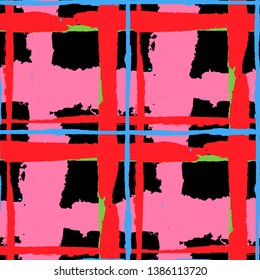 Plaid. Seamless Grunge Background with Hand Painted Crossing Brush Strokes for Wallpaper, Linen, Cloth. Rustic Check Texture. Vector Seamless Tartan. Scottish Ornament