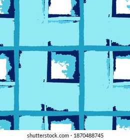 Plaid. Seamless Grunge Background with Hand Painted Crossing Brush Strokes for Swimwear, Upholstery, Textile. Rustic Check Texture. Vector Seamless Kilt Texture.