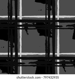 Plaid. Seamless Grunge Background with Hand Painted Crossing Stripes for Print, Upholstery, Textile. Rustic Check Texture. Vector Seamless Kilt Texture.