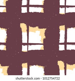 Plaid. Seamless Grunge Pattern with Hand Painted Crossing Stripes for Print, Linen, Cloth. Rustic Check Texture. Vector Seamless Plaid Texture.