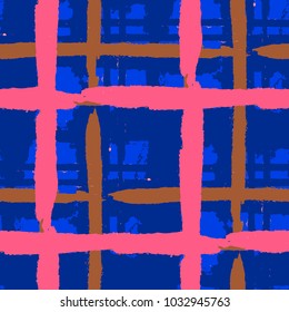 Plaid. Seamless Grunge Pattern with Hand Painted Crossing Stripes for Wallpaper, Linen, Cloth. Rustic Check Texture. Vector Seamless Plaid Texture.