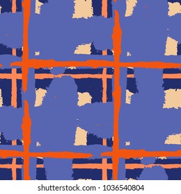 Plaid. Seamless Grunge Pattern with Hand Painted Crossing Brush Strokes for Print, Linen, Cloth. Rustic Check Texture. Vector Seamless Tartan. Scottish 
Ornament