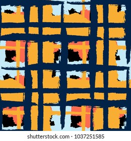Plaid. Seamless Grunge Pattern with Hand Painted Crossing Stripes for Wallpaper, Linen, Sportswear. Rustic Check Texture. Vector Seamless Kilt Texture. Scottish 
Ornament