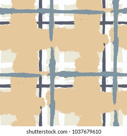 Plaid. Seamless Grunge Pattern with Hand Painted Crossing Brush Strokes for Print, Upholstery, Textile. Rustic Check Texture. Vector Seamless Tartan. Scottish 
Ornament