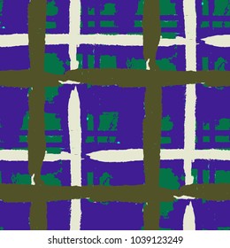 Plaid. Seamless Grunge Pattern with Hand Painted Crossing Brush Strokes for Print, Upholstery, Cloth. Rustic Check Texture. Vector Seamless Tartan.