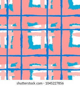 Plaid. Seamless Grunge Pattern with Hand Painted Crossing Brush Strokes for Wallpaper, Linen, Sportswear. Rustic Check Texture. Vector Seamless Plaid Texture.