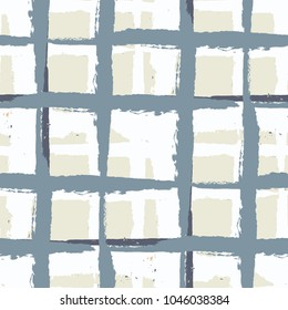 Plaid. Seamless Grunge Pattern with Hand Painted Crossing Brush Strokes for Swimwear, Upholstery, Textile. Rustic Check Texture. Vector Seamless Plaid. Scottish 
Ornament