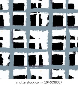 Plaid. Seamless Grunge Pattern with Hand Painted Crossing Stripes for Wallpaper, Linen, Sportswear. Rustic Check Texture. Vector Seamless Tartan. Scottish 
Ornament