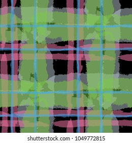 Plaid. Seamless Grunge Pattern with Hand Painted Crossing Stripes for Swimwear, Fabric, Textile. Rustic Check Texture. Vector Seamless Tartan.