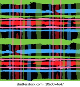 Plaid. Seamless Grunge Pattern with Hand Painted Crossing Brush Strokes for Print, Upholstery, Textile. Rustic Check Texture. Vector Seamless Plaid Texture.
