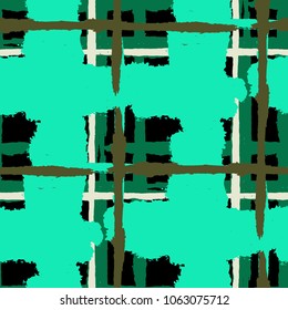 Plaid. Seamless Grunge Pattern with Hand Painted Crossing Stripes for Swimwear, Fabric, Textile. Rustic Check Texture. Vector Seamless Plaid. Scottish 
Ornament