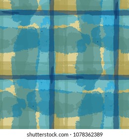 Plaid. Seamless Grunge Pattern with Hand Painted Crossing Brush Strokes for Swimwear, Fabric, Textile. Rustic Check Texture. Vector Seamless Kilt Texture.