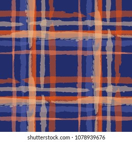 Plaid. Seamless Grunge Pattern with Hand Painted Crossing Brush Strokes for Swimwear, Upholstery, Textile. Rustic Check Texture. Vector Seamless Tartan.